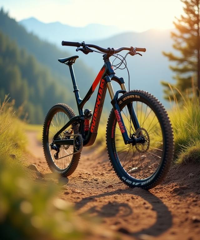 A modern full-suspension mountain bike on a dirt trail
